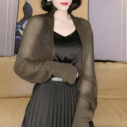 Summer Women Solid Color Hollow Out Long Sleeve Sunscreen Loose Knitted Cardigan