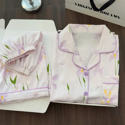 Women Summer Lapel Open Front Pajama Set Short Sleeve Top Shorts, Sweet Ins Teen Loungewear, Casual Daily Outdoor Home Wear Suit