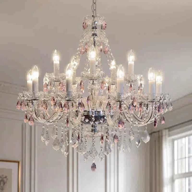 French Romantic Crysatl Candle Chandelier Luxury Glass Pink E14 Pendant Lights Living Room Art Decor Led Lamparas Bedroom Lamp