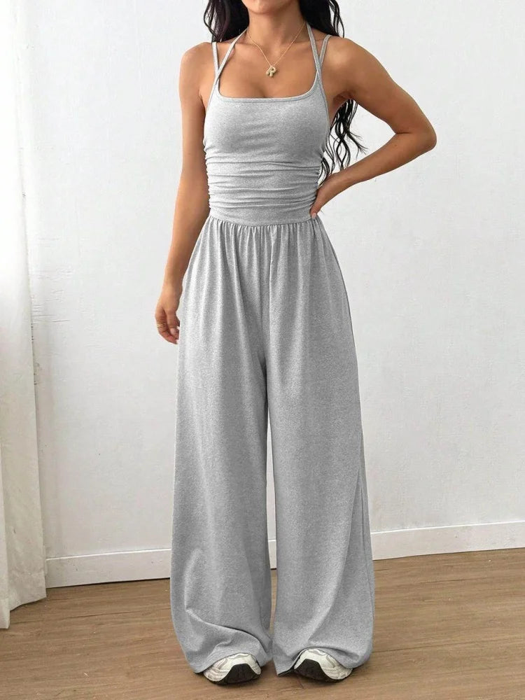 Spaghetti Strap Jumpsuit Square Neck Ruched Waist Wide Leg Long Pant Outfit For Women Daily Travel Outdoor Casual Lounge Stylish Garment