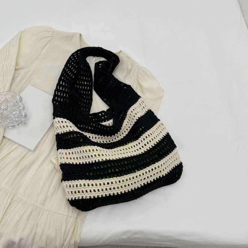 Wool Plush Woven Women Shoulder Bags Ladies Stripe Designer Knitted Braid Handbags Tote Summer Beach Shopper Purses