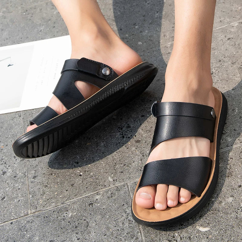 Male Luxury Sandals Male Leather Classic Men Slippers Beach Shoes Comfortable Walking Roman Sandals Outdoor Mens Slip on Shoes