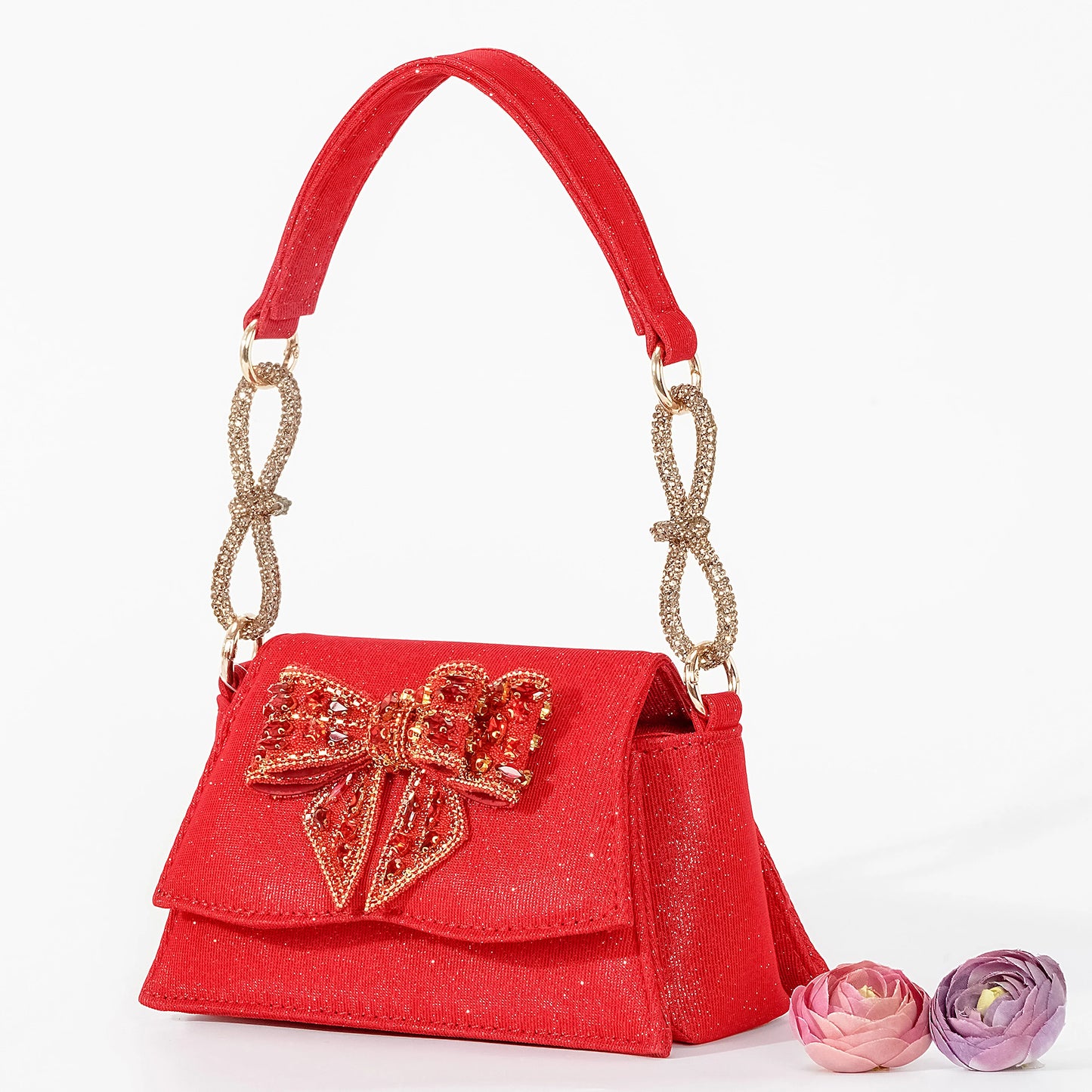 QSGFC Italian Design Red Elegant Women's Heels Fashion Crystal Bow Pointed Toe Sandals Nigeria Shoes Bag Set For Women
