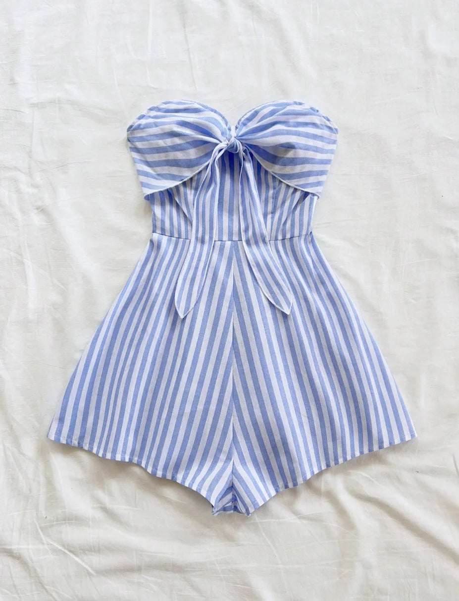 Women's Spring/Summer Cruise Vacation Blue Striped Front Waiver Loose Jumpsuit, Suitable for Party, Date, Afternoon Tea