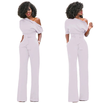 2024 Summer New Fashion Women's Jumpsuit Solid Color Slanted Shoulder Elegant Temperament Sleeveless Long Wide Leg Jumpsuit