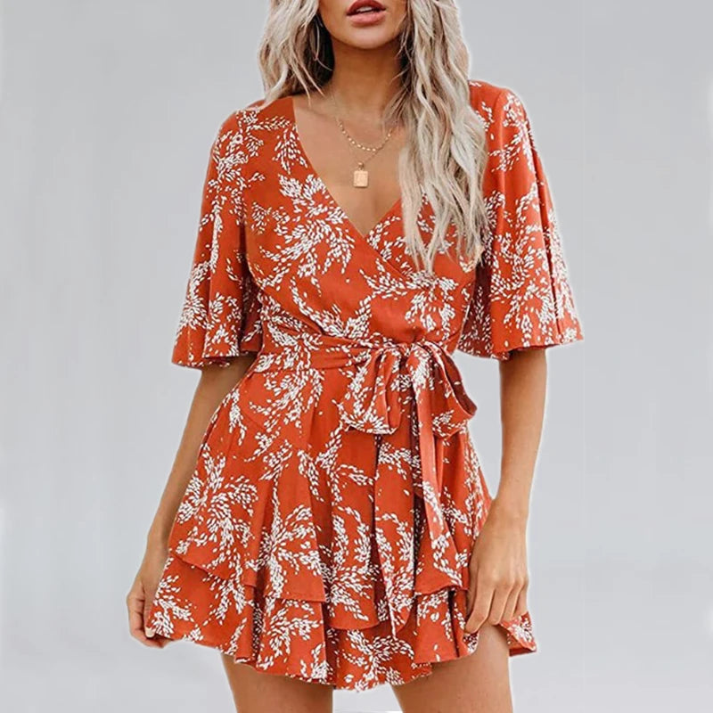 Hot-selling Women's Jumpsuits V-neck Flared Sleeves High Waist Plant Printed Pleated Lace-up Fashion High Street Playsuits