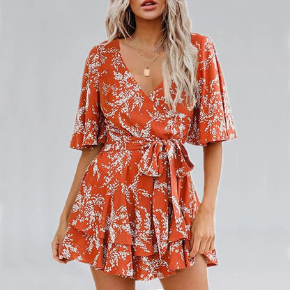 Hot-selling Women's Jumpsuits V-neck Flared Sleeves High Waist Plant Printed Pleated Lace-up Fashion High Street Playsuits