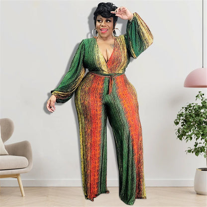 New Plus Size Women Jumpsuits Elegant V Neck Long Sleeve Rompers Office Lady Straight One Piece Outfits Wholesale Drop Shipping