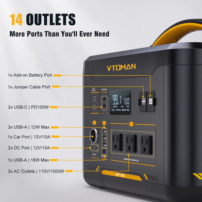VTOMAN JUMP 1500X Portable Power Station Camping LiFePO4 Battery 828Wh 1500W AC Outlets Solar Generator For Home RV Outdoor