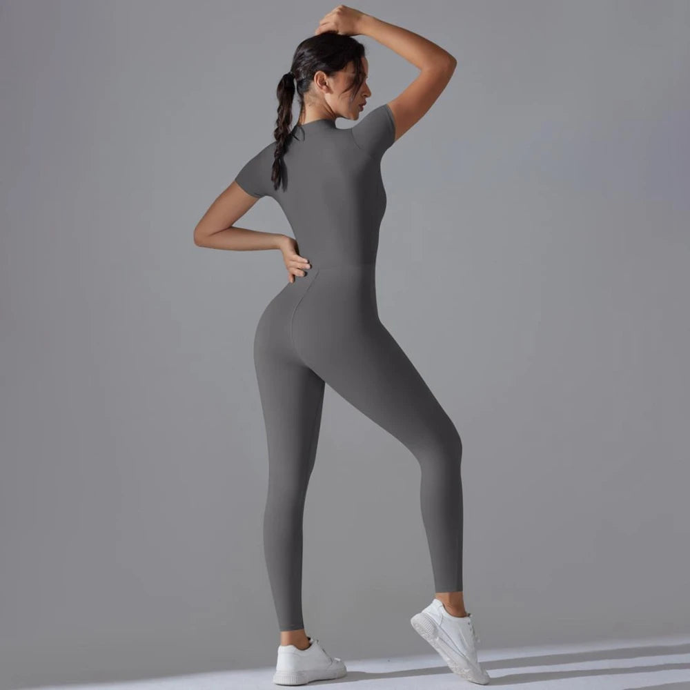 Womens Jumpsuits Short Sleeve Yoga Slim Fit Stretch One Piece Romper Sexy Fitness Female Basic Sportwears Black Zipper Ladies