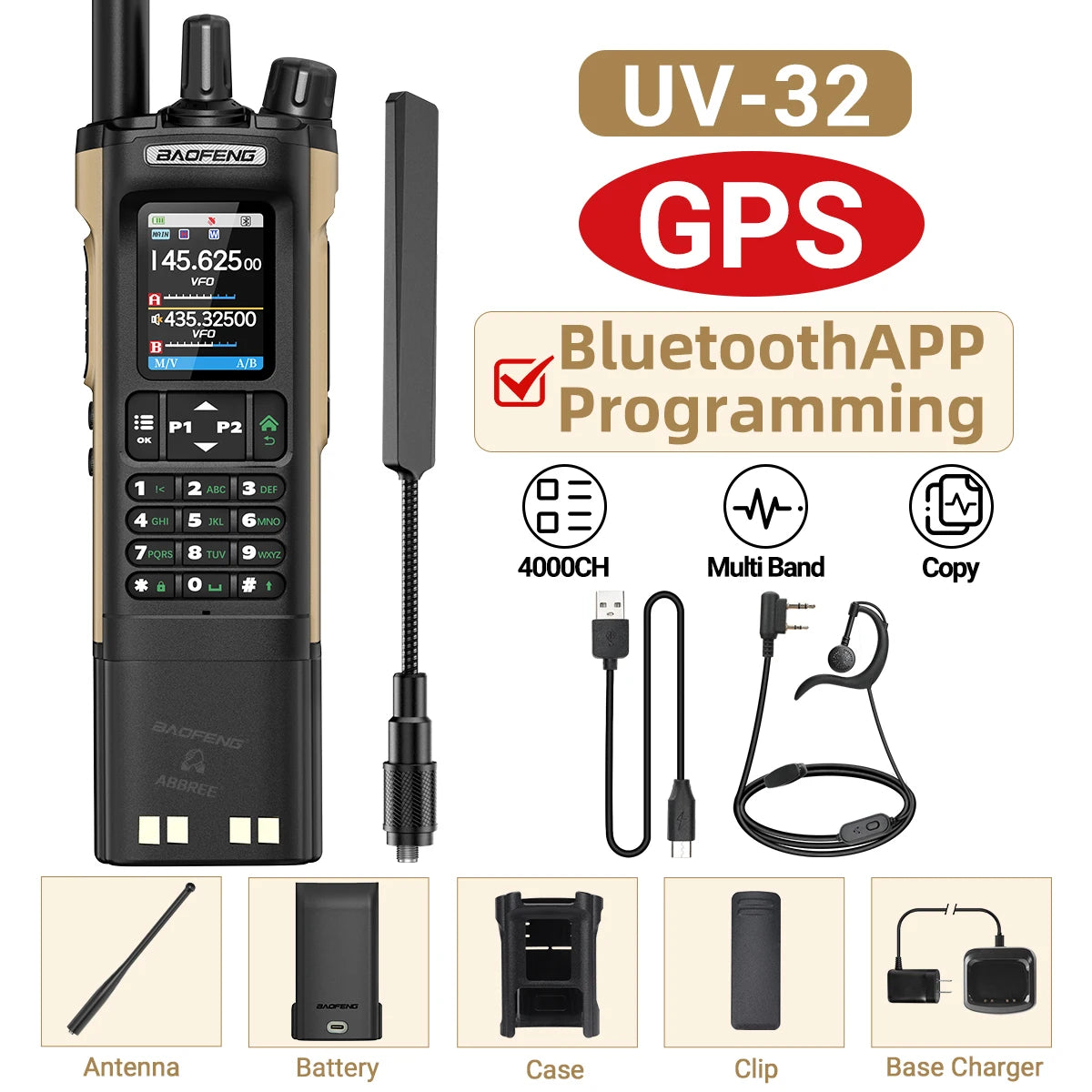 BAOFENG UV-32 GPS Walkie Talkie Long/Short Battery Wireless Copy Frequency Bluetooth Programming 1000CH Multi Band Two Way Radio