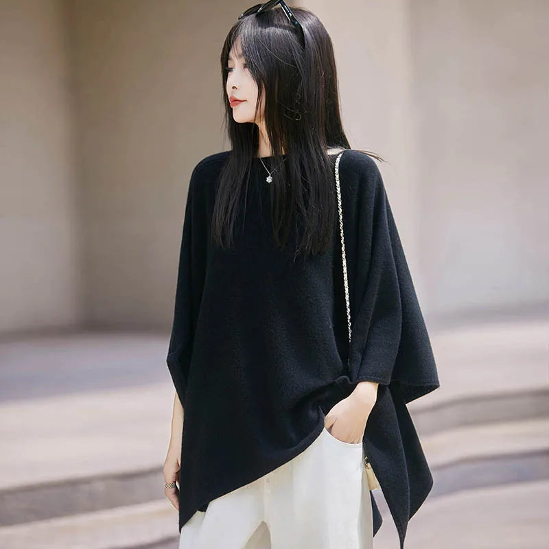 Autumn New 100% Merino Wool Shawl Pullover For Women Soft Solid Cashmere Knitwear Shawl Scarf Female Popular Sweater Grace Tops