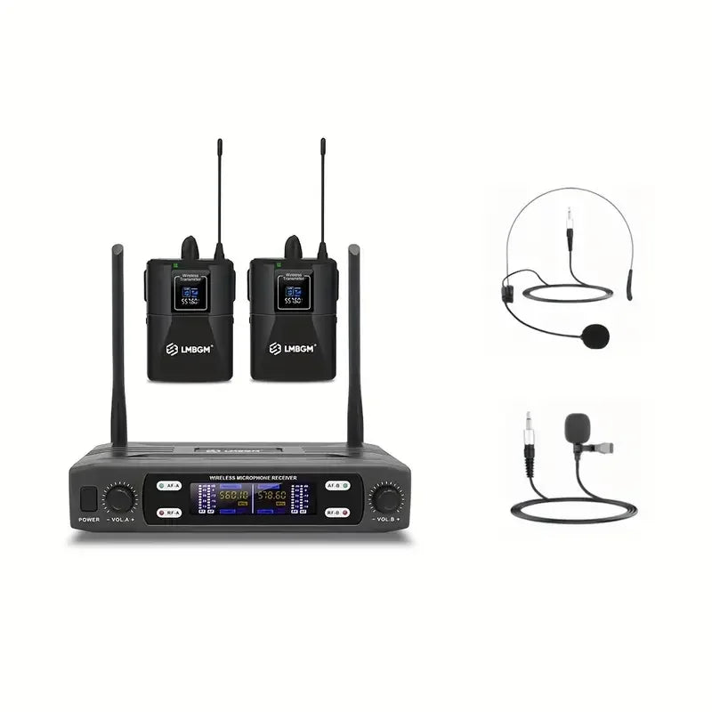 LMBGM R22 2Channel UHF Wireless Lavalier Microphone & Headset System, Professional Dual Frequency Wireless Receiver Set with 2 Bodypack Transmitters, Cardioid Condenser Lapel Mic for Stage Show, Church, Teaching, Speech, Publ