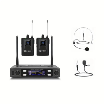 LMBGM R22 2Channel UHF Wireless Lavalier Microphone & Headset System, Professional Dual Frequency Wireless Receiver Set with 2 Bodypack Transmitters, Cardioid Condenser Lapel Mic for Stage Show, Church, Teaching, Speech, Publ