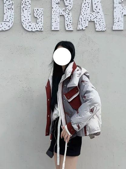 Winter Patchwork Hooded Parkas Jacket Women White Duck Down Puffer Thicken Jacket Women Double Pocket Loose Short Outwears Coat