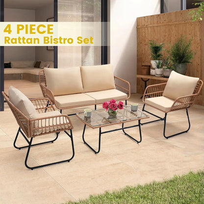 4 Piece Patio Bistro Outdoor Furniture Set, Wicker Sofa, 2 Rattan Chairs, and Table, Backyard Conversation Set, All, Customized
