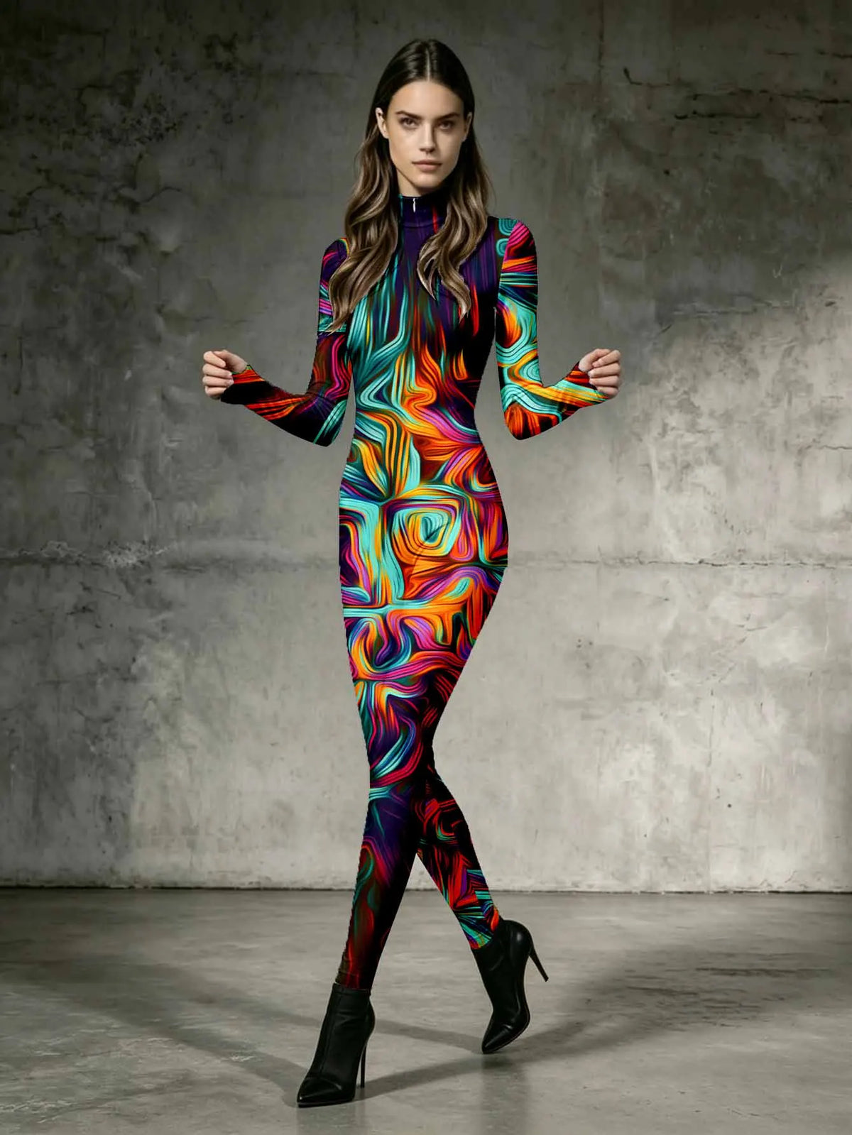 Stand up jumpsuit slim fit waist cinched long sleeved silhouette comfortable stretch women's clothing