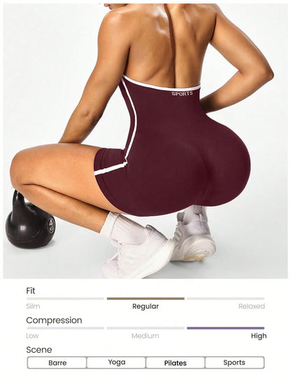 Women's Backless Color-Block Cross-Body Fitness Jumpsuit – Stretchy Yoga One-Piece Outerwear Ideal for Workout, Training & Daily