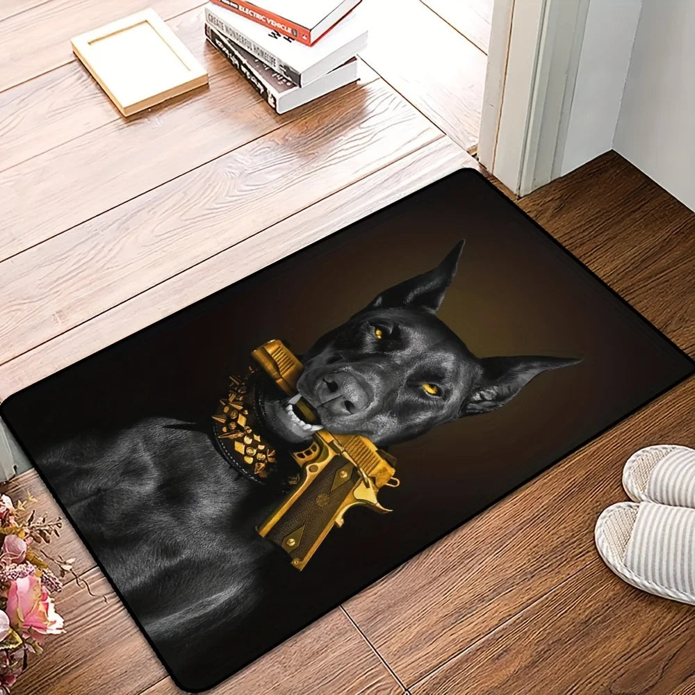 Cool Fashion Doberman with Gun Doormat, Non-Slip Entryway Rug, Durable Washable Floor Mat for Gym and Living Room