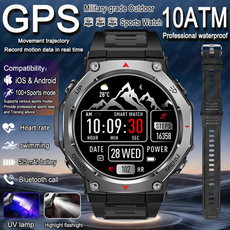 2026 New Military Active Edge Smart Watch Men 10ATM Waterproof GPS Motion Track 100+Sport Modes Heart Rate HD BT Call Smartwatch