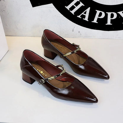 Women Korean Vintage Soft Split Cow Leather Pointed Pumps Simple Single Metal Buckle Strap Mid Chunky Heel Comfort Office Daily