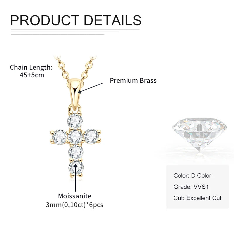 Rrjzz D-Color Moissanite Cross Pendant Necklace for Women VVS1 GRA Lab Imitation Diamond Dainty Necklace Faith Jewelry Gifts