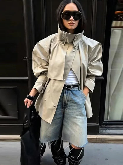Fashion Stand Collar Short Trench Coat Women Solid Double-breasted Belt Jacket 2026 Autumn Lady Commuting Casual Outwear
