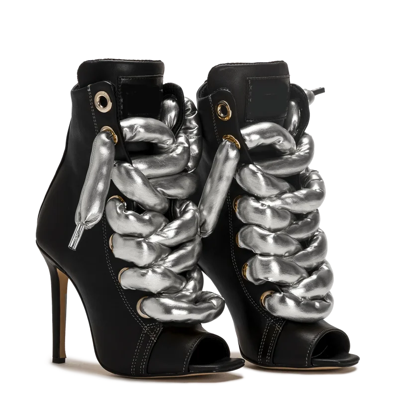 Peep Toe Corss Tied Patchwork Ankle Boots Sexy Square Toe Thick Heel New Arrivals Fashion Women Runway Shoes