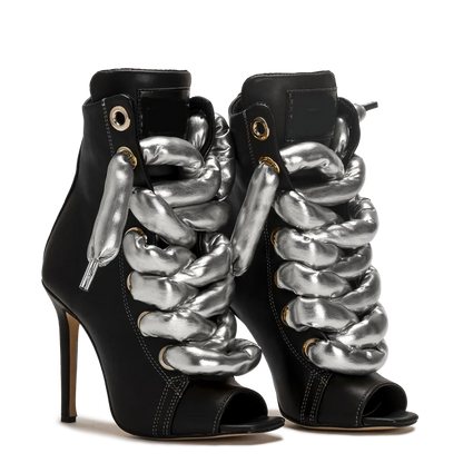 Peep Toe Corss Tied Patchwork Ankle Boots Sexy Square Toe Thick Heel New Arrivals Fashion Women Runway Shoes