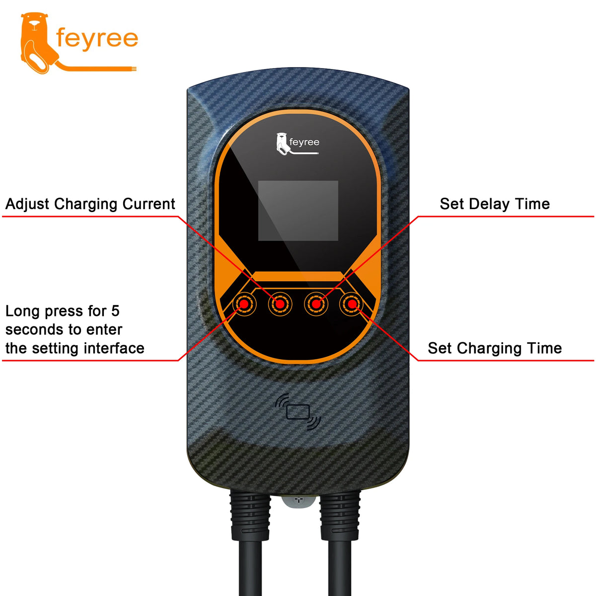 Feyree EV Charging Station 32A Electric Vehicle Car Charger EVSE Wallbox Wallmount 7.6/11/22KW Type2 Cable IEC62196 APP Control