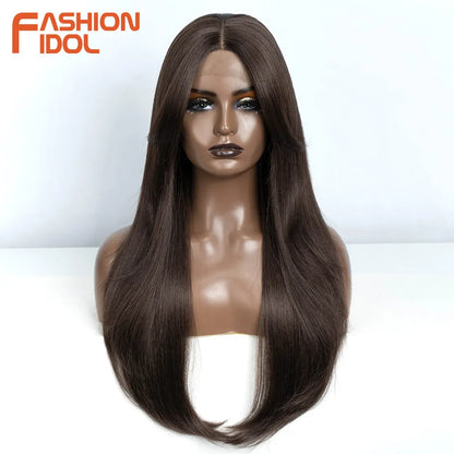 FASHION IDOL 26inch/65cm Straight Hair Lace Front Wigs Synthetic Hair Ombre Blonde Brown Hair Wigs Cosplay Heat Resistant Fiber