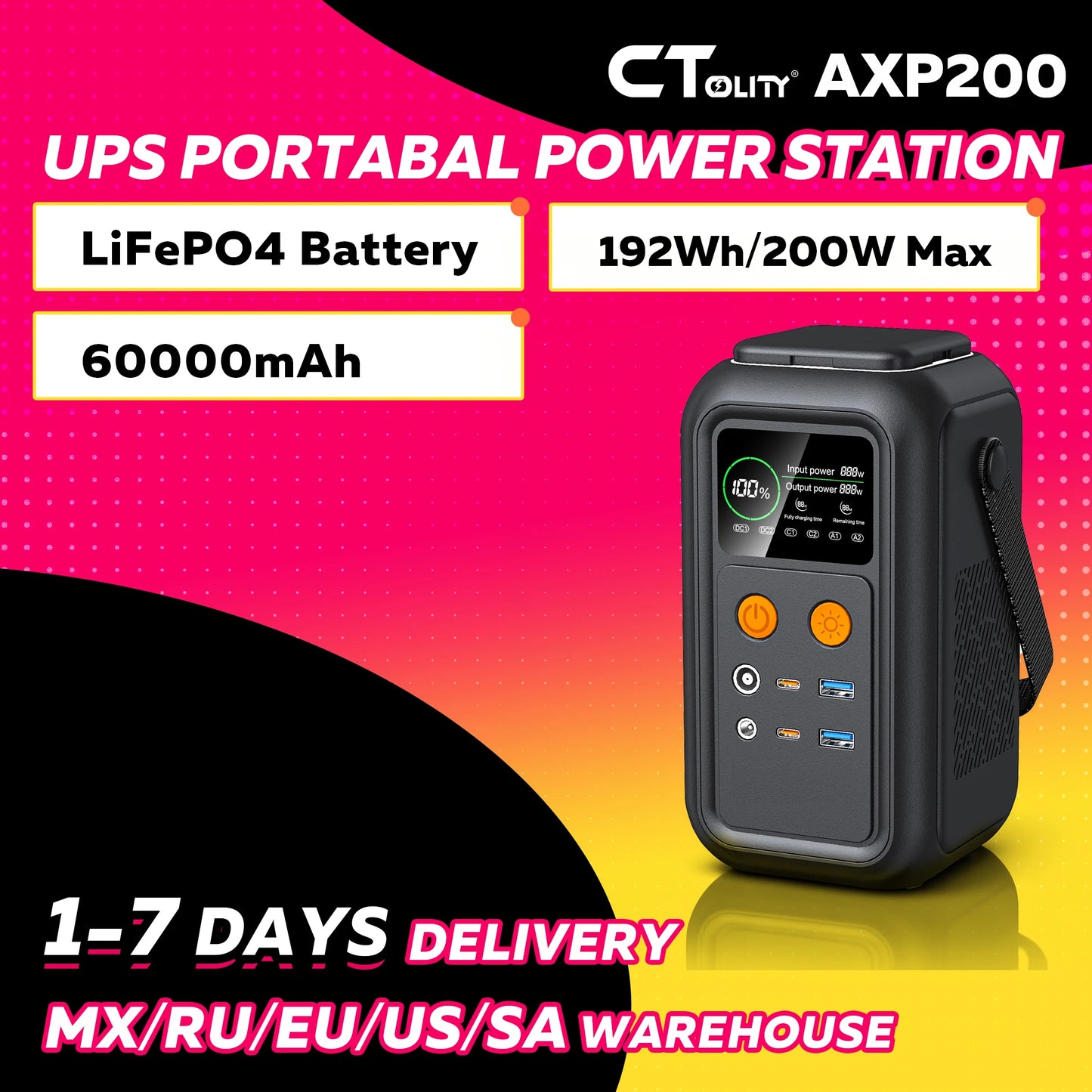 CTOLITY AXP200 200W Portable Solar Generator 192Wh Power Station Lifepo4 Battery Camping Power Bank Emergency Supply 140W PD