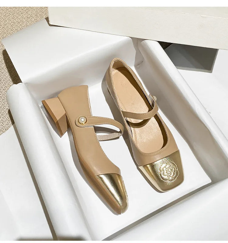 Fashion Mary Jane Women's Shoes 3cm Wide Heel Pumps Embroidered Flowers Pearl Buckle Strap Mary Jane Shoes Luxury Leather Heels