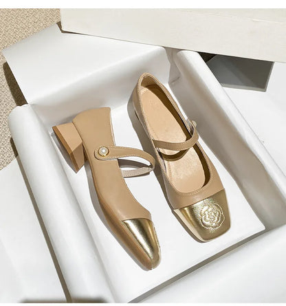 Fashion Mary Jane Women's Shoes 3cm Wide Heel Pumps Embroidered Flowers Pearl Buckle Strap Mary Jane Shoes Luxury Leather Heels