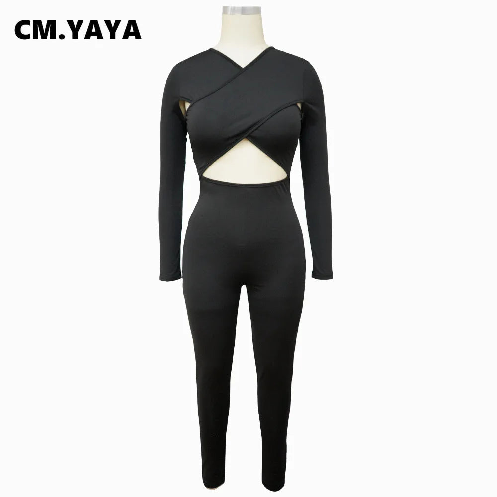 CM.YAYA Women Hollow Out Cross Sexy Party Clubwear Long Sleeve Jumpsuits 2024 Winter Autumn Street Crop One Piece Suit Rompers