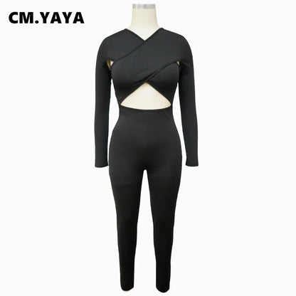 CM.YAYA Women Hollow Out Cross Sexy Party Clubwear Long Sleeve Jumpsuits 2024 Winter Autumn Street Crop One Piece Suit Rompers
