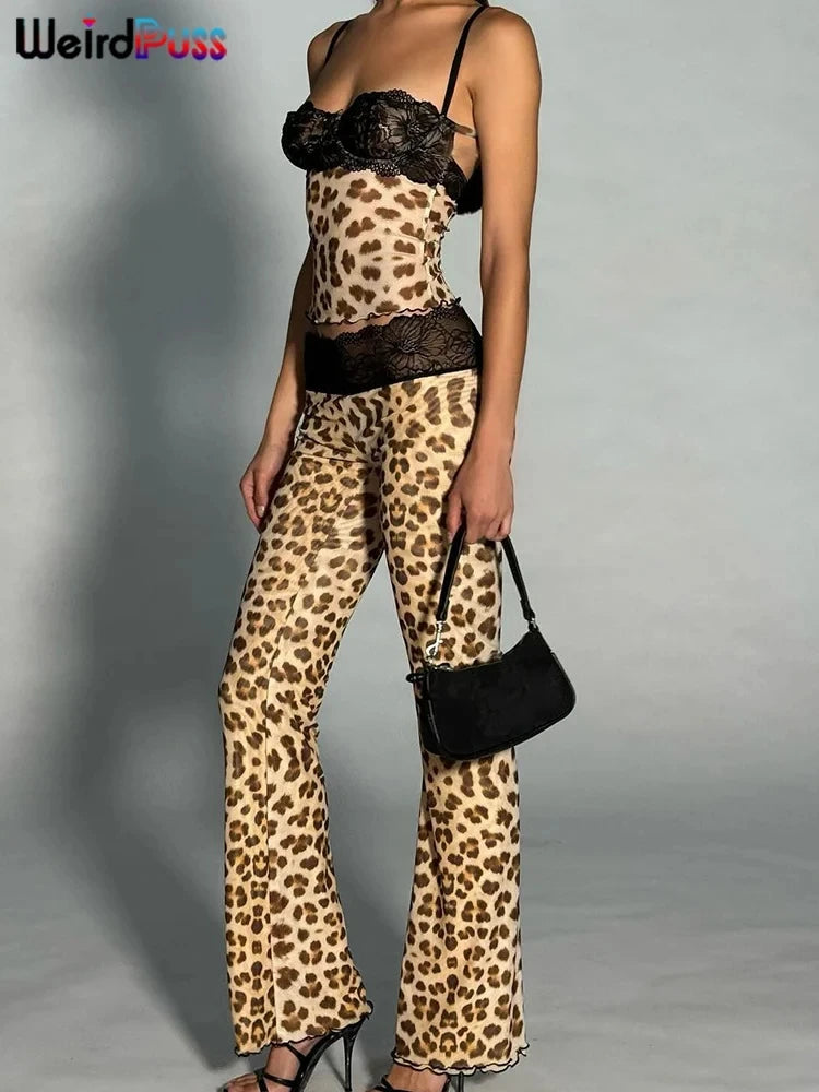 Weird Puss Patchwork Lace 2piece Sets Woman Summer Sexy Fungus Trim Spaghetti-Strap Tops+Chic Tierred Pants Party Skinny Outfits