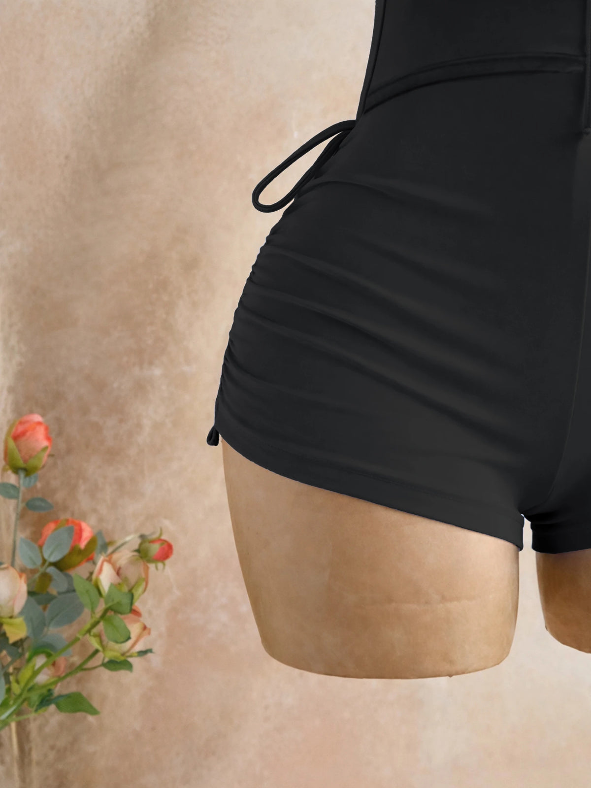 Black Halter Neck Deep V Cutout Tie-Front One-Piece Shorts with Side Drawstring Beach Jumpsuit, Women's Slim Fit Sleeveless Halter Cutout Tight Short Jumpsuit Vacation Outfit