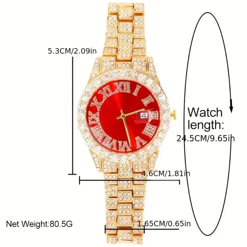 Men Pink Dial Iced Out Watch Jewelry Set Bling Rhinestone Watch Cuban Bracelet Cross Necklace Hip Hop Gift