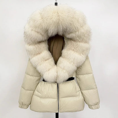 Hot Sale Women Luxury Black Down Jacket Waist‑Cinched Design High‑End Elegant Real Big Fox Fur Hooded Collar Winter Outerwear