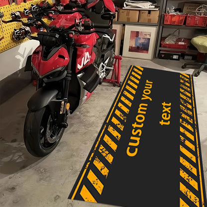 VIKAMA Motorcycle Garage Floor Mat, Warning Stripe Oil-Resistant Workshop Rug, Personalized Biker Decor Carpet