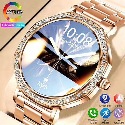 2026 New Ladies' Fashion Smartwatch Diamond Frame HD AMOLED Screen Bluetooth Call Health Monitoring Waterproof Smart Watch Gift