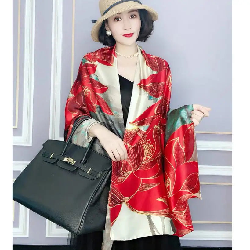 Designer Almond Blossoms Printed Silk Scarf Women Luxury Sun Protection Shawl Ladies Summer Beach Pareo Sarong Travel Wrap 180cm