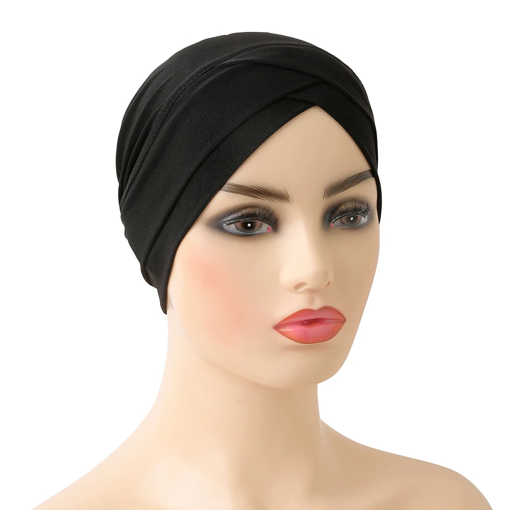 H117 Forehead criss Cross Muslim Turban Pure Color Stretch Inner Hijabs For Caps Ready To Wear Women Head Scarf Under Bonnet