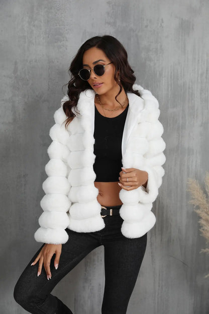 2026 Winter Hooded Plus Size Faux Fur Cropped Coat Women Furry Long Sleeve Plush Jacket Lady Large Fake Fur Warm Fluffy Cardigan