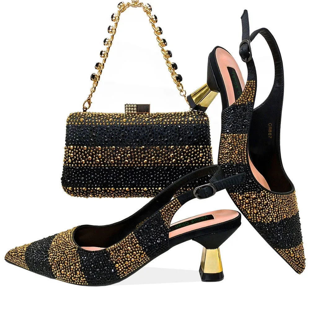Black Gold Rhinestone Pointed Toe Mid Heels Women Party Wedding Slingback Shoes Matching Crystal Evening Clutch Bag Shoes Set