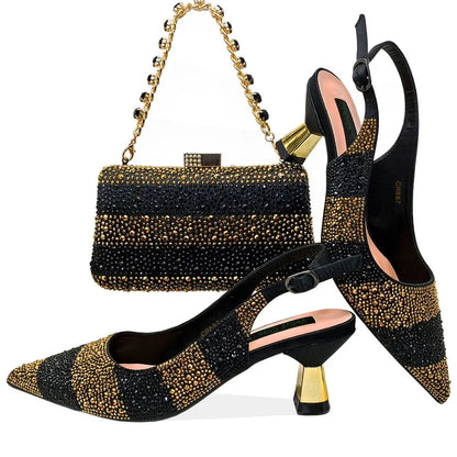 Black Gold Rhinestone Pointed Toe Mid Heels Women Party Wedding Slingback Shoes Matching Crystal Evening Clutch Bag Shoes Set