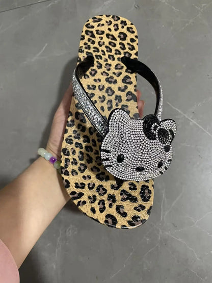 Hello Kitty Rhinestone Flip Flops Leopard Print Y2K Women Bling Non-Slip Summer Beach Casual Thong Sandals Indoor Outdoor