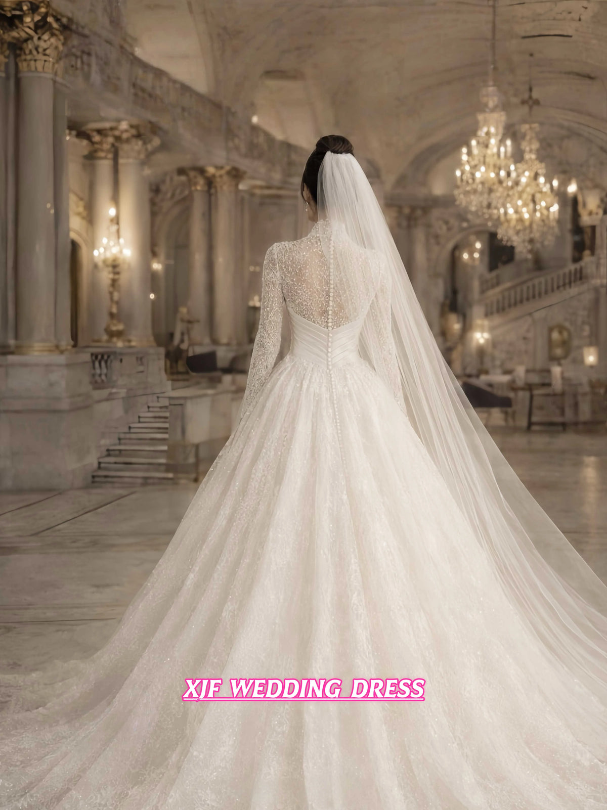 Customized Gorgeous Ball Gown Wedding Dresses Bride Gown High Neck Full Sleeves Lace Applique Saudi Arabian Bridal Dresses