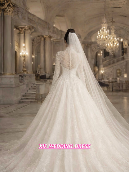 Customized Gorgeous Ball Gown Wedding Dresses Bride Gown High Neck Full Sleeves Lace Applique Saudi Arabian Bridal Dresses